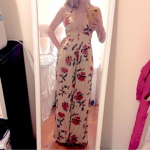 Cleobella Floral Halter Plunge Formal Jumpsuit Cream Size Small